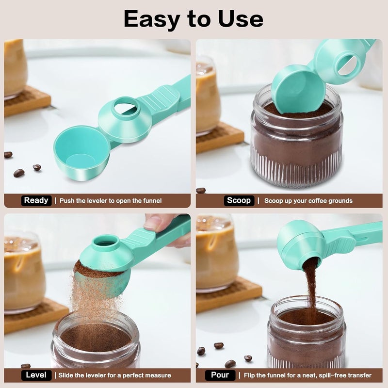 CEILUPY 2-in-1 Coffee Scoop with Funnel, 2 Teaspoon Measuring Spoon for Reusable K Cups, Ground Coffee, Protein Powder & Tea, Mess-Free Plastic Design (Light Green) - Image 4